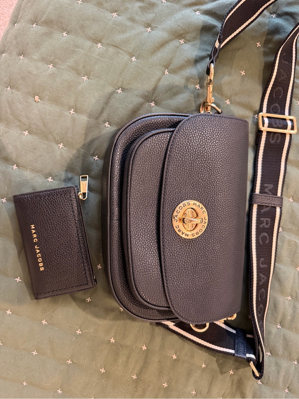 Marc Jacobs Black Pebbled Leather Crossbody Bag w Logo Strap and matching wallet
